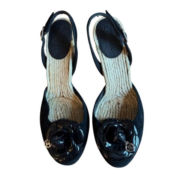 Chanel Authentic Women's Camellia Flower Suede Wedge Espadrilles Size 9.5 - Picture 4 of 12